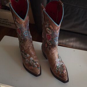 Macie Bean Floral Embroidered Brown Heeled Boots